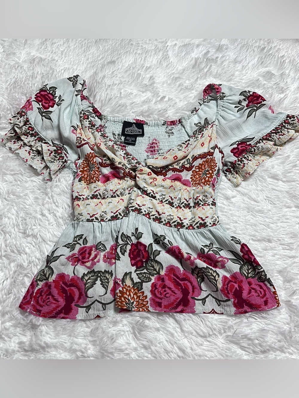 Angie Rose-Print Puff Sleeve Smocked Peplum Top - Pink on Cream